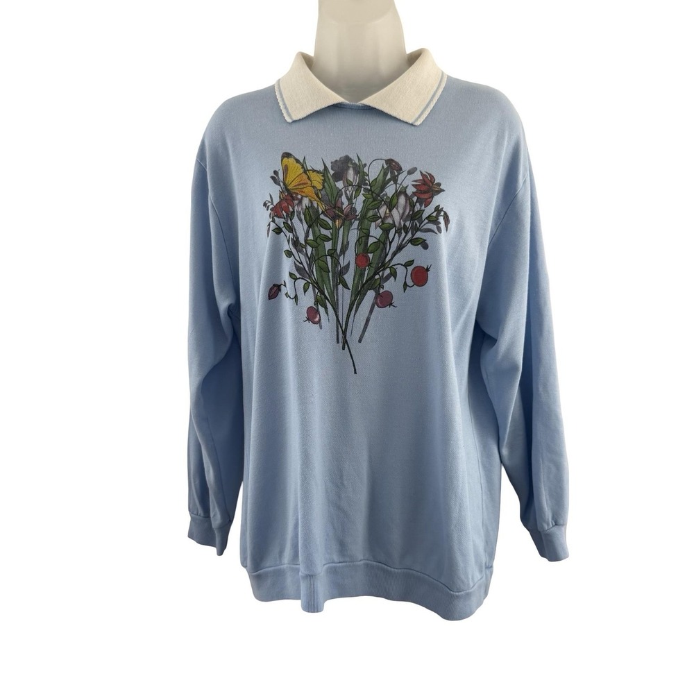 Vintage Sweatshirt Womens XL Blue Floral Butterfly Collar Retro 90s Cottagecore - Picture 7 of 16